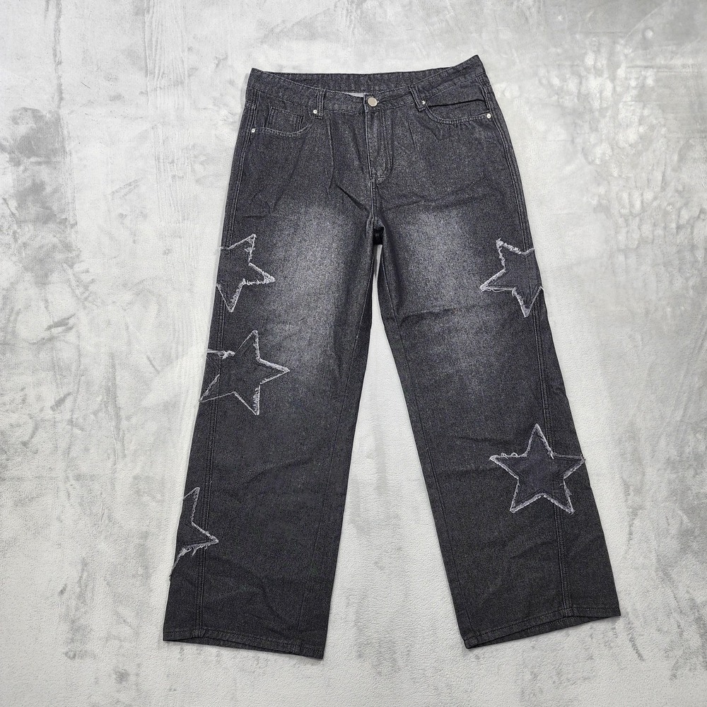 NEW ROMWE Jeans Mens 42x31 Black Charcoal Wash Relaxed Wide Leg Star Patch Denim